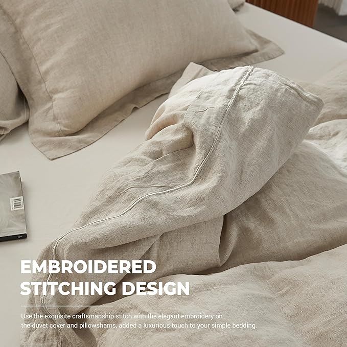 Simple&Opulence 100% Washed Linen Duvet Cover with Embroidered, 2 Pieces Soft Farmhouse Comforter Set with Button Closure,1 Duvet Cover and 1 Pillowsham(Twin,Natural Linen)