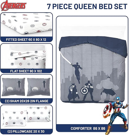 Jay Franco Marvel Avengers Queen Size Comforter Set - 7 Piece Bedding Includes Sheet Set & Pillow Covers - Super Soft Cozy Bedding with Captain America, Hulk, Iron Man and Thor