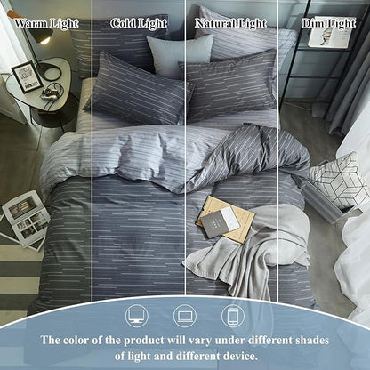 VM VOUGEMARKET 100% Natural Cotton Striped Duvet Cover Set,Gray Stripes Pattern Printed Comforter Cover for Boys Men,Reversible Modern Simple Style Bedding Set