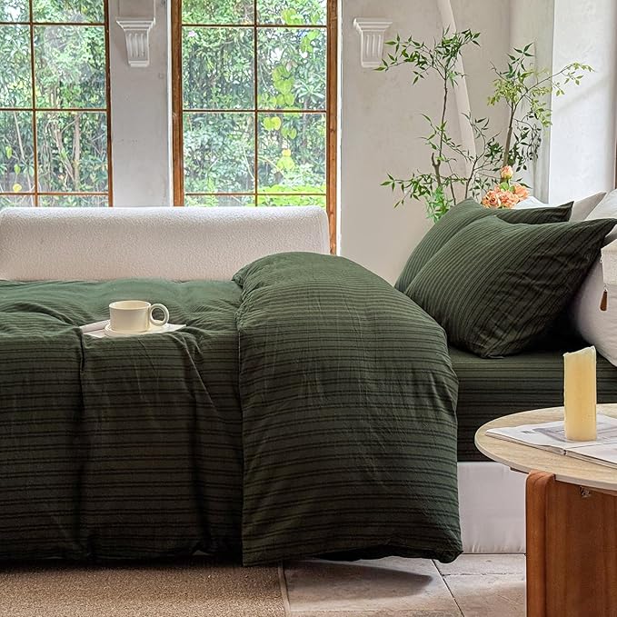 Striped Duvet Cover Set 100% Washed Cotton Linen Like Soft Feelling Breathable Bedding(Olive Green/Black Strip,Twin)