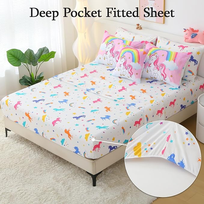 JQinHome Unicorn Full Bedding Sets for Girls Kids,8 Piece Bed in A Bag 3D Pink Sky Rainbow Clouds Theme Unicorn Comforter Set with Sheet Set(Pink Purple)
