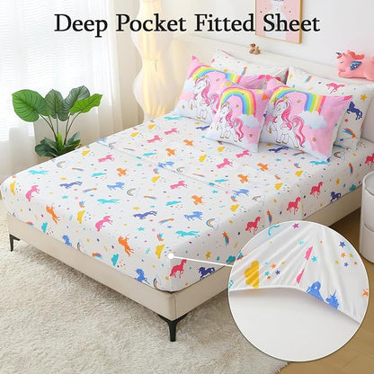 JQinHome Unicorn Full Bedding Sets for Girls Kids,8 Piece Bed in A Bag 3D Pink Sky Rainbow Clouds Theme Unicorn Comforter Set with Sheet Set(Pink Purple)