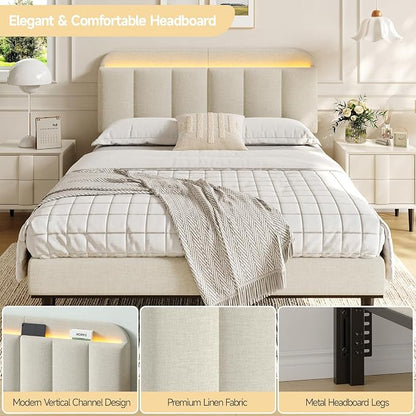 Adjustable Headboard for Full/Queen Size Bed Frame, Linen Fabric Bed Headboard with Storage & RGB LED Light in Modern Vertical Channel Design, White