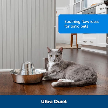 PetSafe Seaside Stainless Cat & Dog Fountain, 60 oz, 2 Filters & Pump | 60 Oz Capacity, 360-Degree Flow, Triple-Filter with 2.5x More Activated Carbon, Scratch/Rust-Resistant Stainless Steel