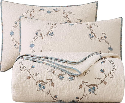 vctops 3-Piece Elegant Floral Embroidered Bedspread Coverlet Set 100% Cotton Reversible Patchwork 1 Quilt and 2 Pillow Shams Full/Queen, Flower B
