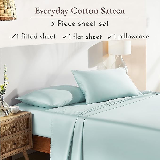 California Design Den Twin Bed Sheets Set - Natural 100% Cotton Sheets with 12" Pockets, Soft Sateen Weave, Breathable and Durable Bedding Set for Dorm Rooms, College (Seafoam)