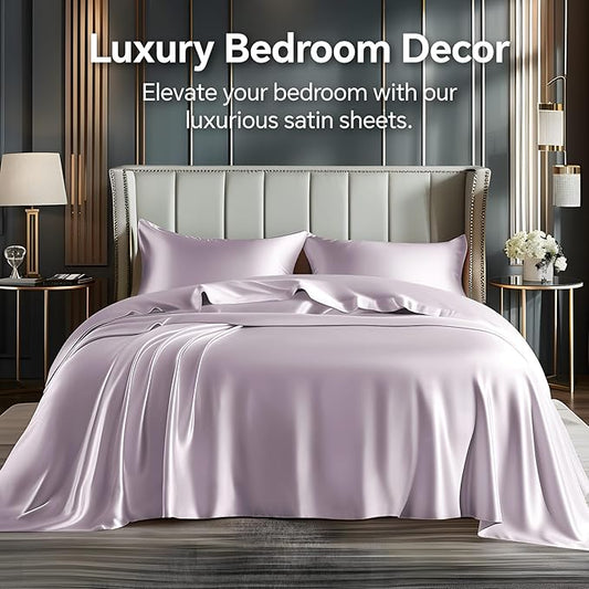 BEDELITE Satin Sheets Full Size Bed Set, Luxury Soft Lavender Silky Sheets for Hair and Skin, Similar to Silk Bed Sheets Set 4 Pieces with 1 Deep Pocket Fitted Sheet, 1 Flat Sheet, and 2 Pillowcases
