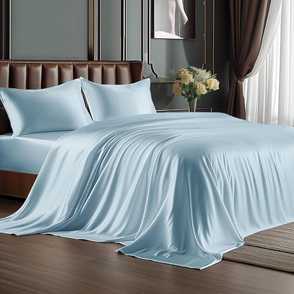 BEDELITE Satin Sheets Twin XL Size Bed Set, Luxury Soft Light Blue Silky Sheets for Hair and Skin, Similar to Silk Bed Sheets Set 3 Pieces （1 Deep Pocket Fitted Sheet, 1 Flat Sheet, and 1 Pillowcase）