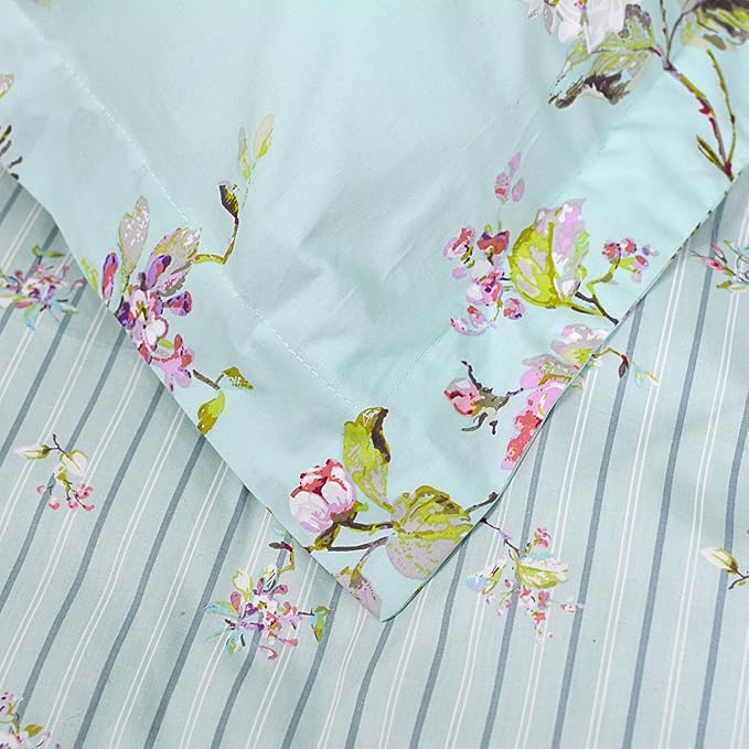 FADFAY Girls Bedding Floral Duvet Cover Set Twin Size Hydrangea Flower 100% Cotton Soft Quilt Cover Set Reversible Zipper Green Blue Bed Cover 3 Piece- No Filling