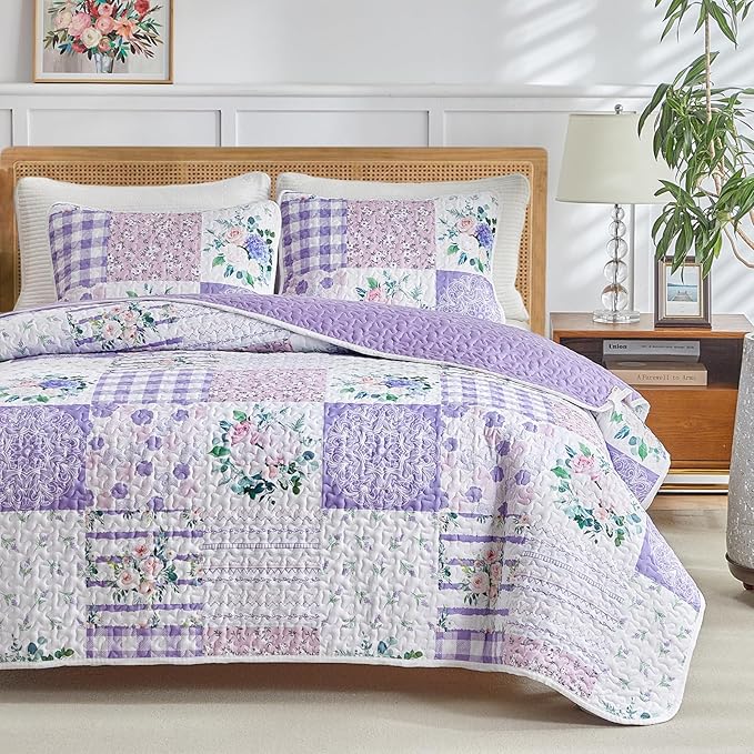 Joyreap 2 Pieces Floral Quilt Set Twin, Patchwork Purple n Pink Flowers Design, Smooth Soft Microfiber Quilt, Bedspread Bed Cover for All Season, 1 Quilt and 1 Pillow Sham- 68x86 inches
