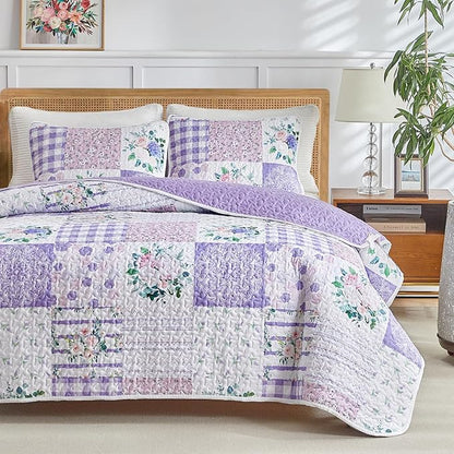 Joyreap 2 Pieces Floral Quilt Set Twin, Patchwork Purple n Pink Flowers Design, Smooth Soft Microfiber Quilt, Bedspread Bed Cover for All Season, 1 Quilt and 1 Pillow Sham- 68x86 inches