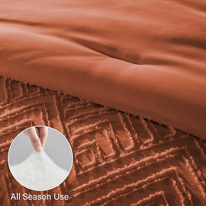 Zzlpp King Comforter Set 7 Pieces, Burnt Orange Tufted Bed in a Bag with Comforter, Pillow Shams, Pillowcases, Flat Sheet, Fitted Sheet