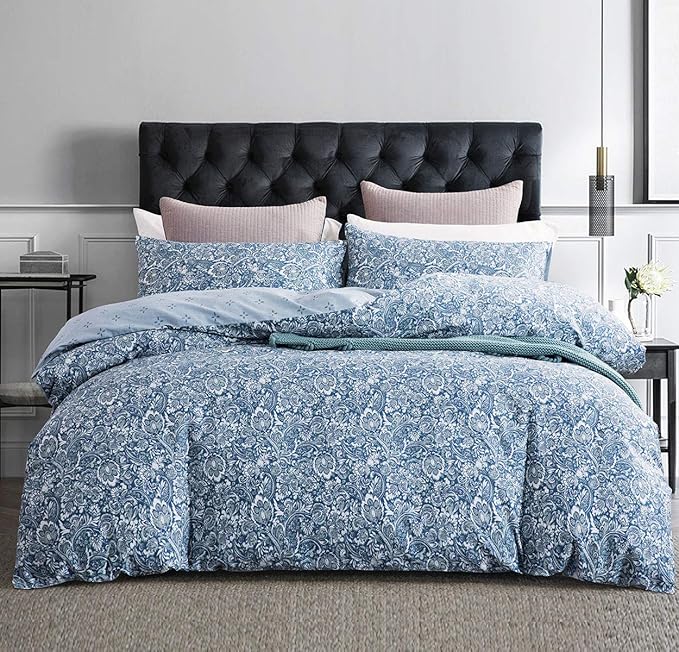 SLEEPBELLA Duvet Cover King, 600 Thread Count Cotton Blue & Green Paisley Floral Pattern Reversible Comforter Cover