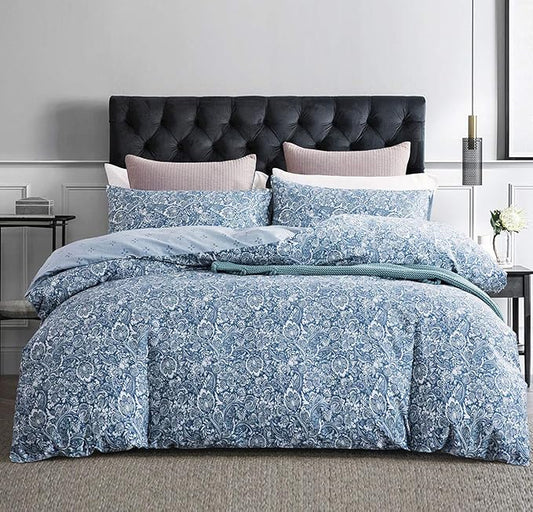 SLEEPBELLA Duvet Cover Set 600 Thread Count Cotton Bedding Set (Full, Blue-Paisley)