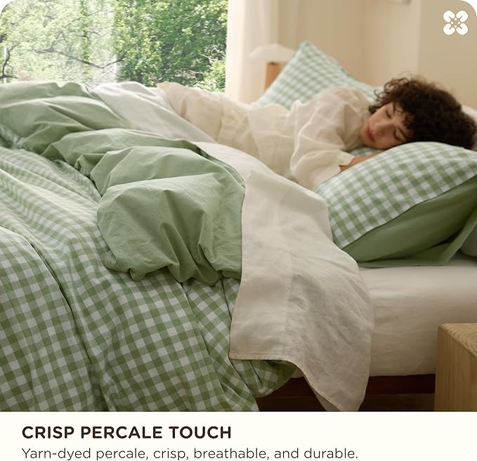 Bedsure Gingham Duvet Cover King Size, 100% Washed Cotton PureWoven Duvet Cover Linen Like Textured, Classic Yarn-Dyed Checkered Pattern Enhances Bedroom Comfort & Style, Gingham Sage Green, 104"x90"