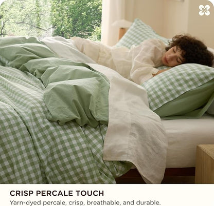 Bedsure Gingham Duvet Cover King Size, 100% Washed Cotton PureWoven Duvet Cover Linen Like Textured, Classic Yarn-Dyed Checkered Pattern Enhances Bedroom Comfort & Style, Gingham Sage Green, 104"x90"