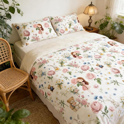 Pink Bed in A Bag Queen for Girls, 5Pcs Pink Rose Bedding for Kids Kawaii Bedroom Decor, Cute Priness Girly Rabbit Bear Comforter Set with 2 Pillowcases, 90"x90"