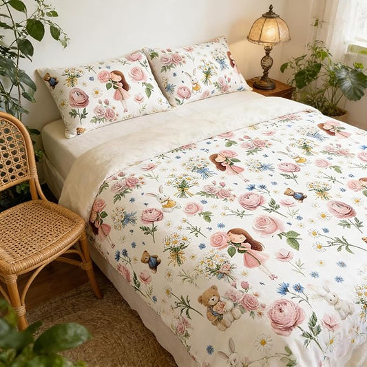 Pink Bed in A Bag Queen for Girls, 5Pcs Pink Rose Bedding for Kids Kawaii Bedroom Decor, Cute Priness Girly Rabbit Bear Comforter Set with 2 Pillowcases, 90"x90"