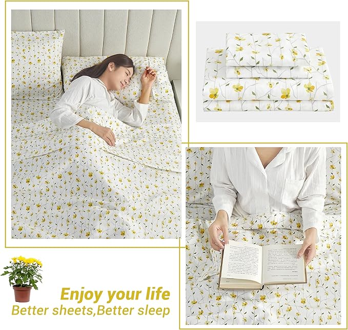 Softan Yellow Floral Twin Size Sheet Set, 3-Piece Microfiber Fitted Bed Sheet with 15" Deep Pockets & Non-Slip Straps, Kids Girls Flower Patterned Bed Sheet & Pillowcase Set