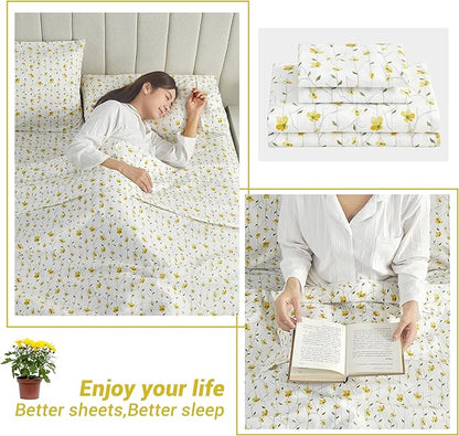Softan Yellow Floral Twin Size Sheet Set, 3-Piece Microfiber Fitted Bed Sheet with 15" Deep Pockets & Non-Slip Straps, Kids Girls Flower Patterned Bed Sheet & Pillowcase Set