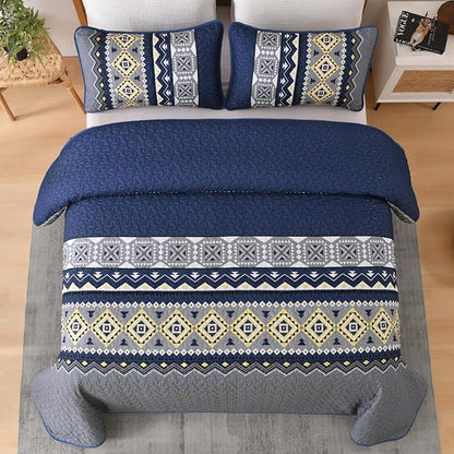 WONGS BEDDING 3 Pieces Quilt Set King Size, Navy Blue Quilt Bedspread Lightweight Bohemian Coverlet Set with 2 Pillowcase, Soft Geometry Printed Bedding Set King for All Season 104"×90"