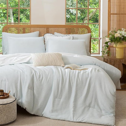 King Comforter Set Glacier Blue, 3 Pieces Double-Layer Crinkle Gauze Soft Bedding for All-Season Lightweight Warmth with 2 Pillowcases