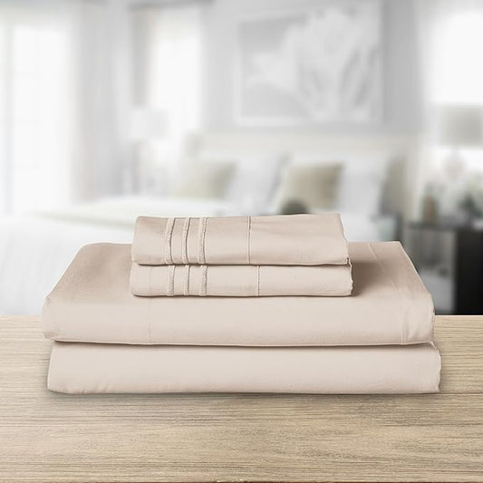 Elegant Comfort Luxurious 1500 Premium Hotel Quality Microfiber Three Line Embroidered Softest 4-Piece Bed Sheet Set, Wrinkle and Fade Resistant, King, Cream