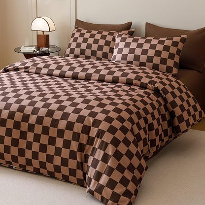 Houseri Brown Plaid Comforter Set California King Chocolate Coffee Color Chessboard Bedding Sets Mocha Buffalo Checkered Bed Quilt Blanket Cal King Size