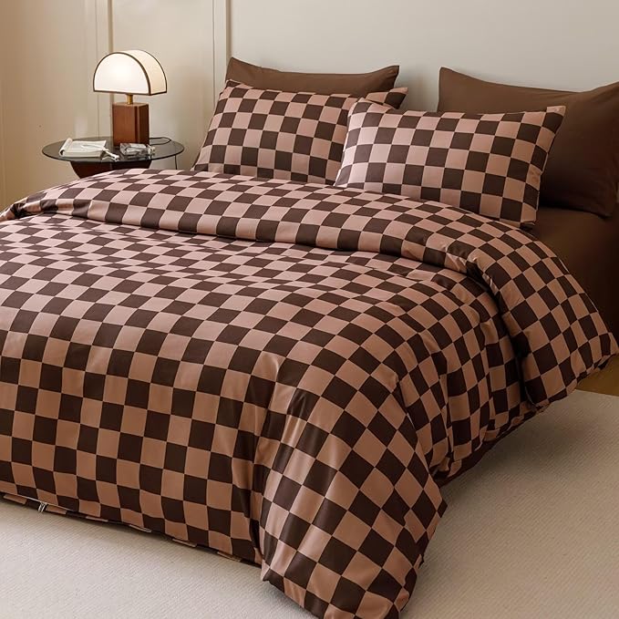 Houseri Brown Plaid Comforter Set Twin Chocolate Coffee Color Chessboard Bedding Sets Mocha Buffalo Checkered Bed Quilt Blanket Twin