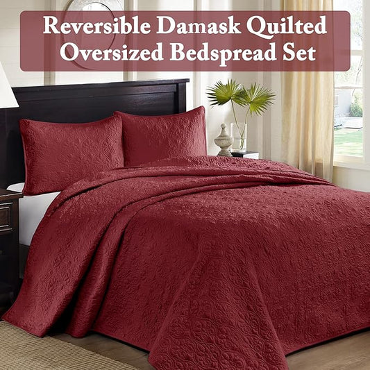 Madison Park Quebec King Size Quilt Bedding Set - Red , Damask – 3 Piece Bedding Quilt Coverlets – Ultra Soft Microfiber Bed Quilts Quilted Coverlet