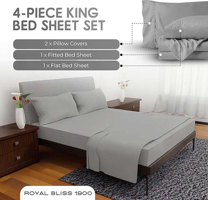 Royal Bliss King Size Sheets Set - 4 Piece Bedding - Wrinkle Free, Double Brushed, Cooling, Deep Pocket Set (Silver)