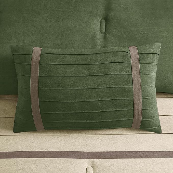 Madison Park Cozy Comforter Set-Luxury Faux Suede Design, Striped Accent, All Season Down Alternative Bedding, Matching Shams, Decorative Pillow, Green, California King (104 in x 92 in)