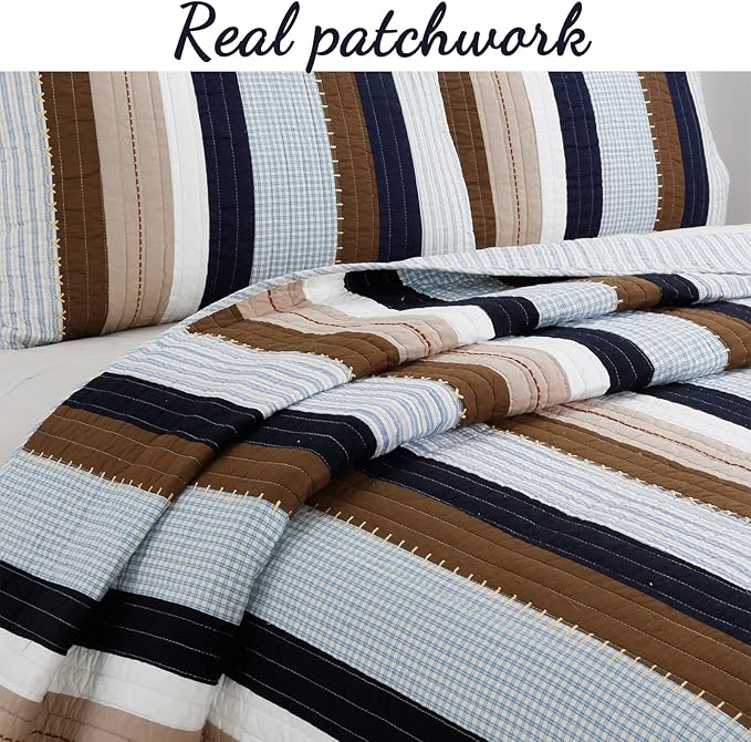 Cozy Line Home Fashions Sailor Navy Blue Star Striped Print Cotton Reversible Bedding Quilt Set (Nathan Stripe, King)