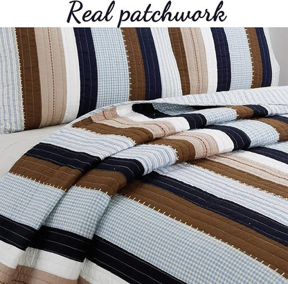 Cozy Line Home Fashions Sailor Navy Blue Star Striped Print Cotton Reversible Bedding Quilt Set (Nathan Stripe, King)