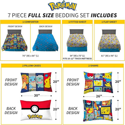 Pokémon Pikachu Full Size Bedding Set – Kids Bedding Super Soft Cozy Reversible Comforter and Sheet Set with Sham, 7 Piece Full Size, (Officially Licensed Product) by Franco