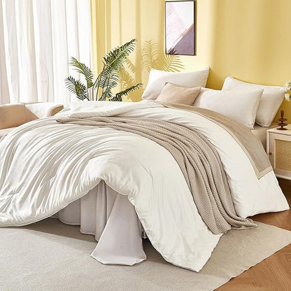 Plaid Queen Comforter Set White - Waffle Checkered Soft Shabby Chic Bedding, All-Season Lightweight Breathable with 2 Pillowcases