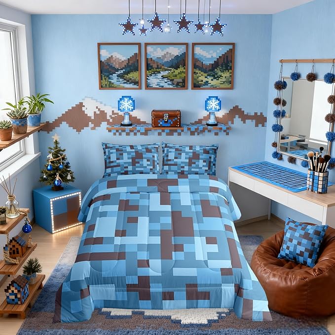 Pixel Grid Miners Kids Comforter Set Full Size,Reversible Gamepad Video Games Bedding Set,Boys Room Decor,Army Camo Geometric Quilt Comforter,Black Light Blue Duvet Set Bedroom Quilt Set,2 Pillowcases