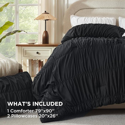 Andency Ruched Black Full Size Comforter Sets, Shabby Chic Pleatd Bedding Sets 3 Pieces, Lightweight Soft Boho Ruffle Bed Set for Girls, Kids, Women, All Season