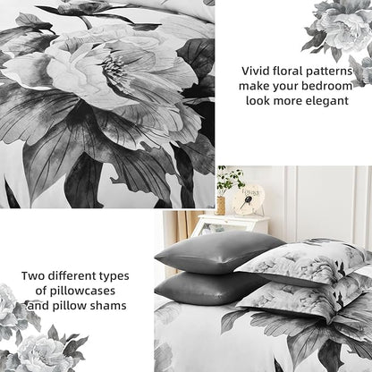 Dobuyly Grey Full Size Comforter Set 7 Piece Bed in a Bag, Gray Floral Printed on White Comforter Set with Sheets, Soft Microfiber Botanical Farmhouse Bedding Set for All Season