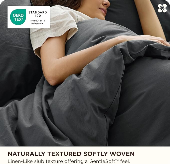 Bedsure Cotton Duvet Cover Queen - Luxury Slub Weave 100% Cotton Duvet Cover Set, PureWoven Bedding Set with a Linen Like Textured, Easy Change, Charcoal, 90" x 90"
