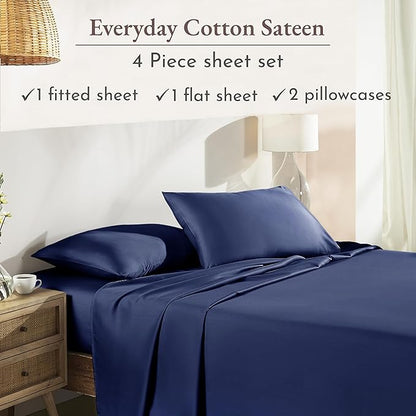 California Design Den King Sheet Set - Natural 100% Cotton Sheets King Size with Deep Pockets, Soft Sateen Weave, Breathable and Durable Bedding Set (Navy Blue)