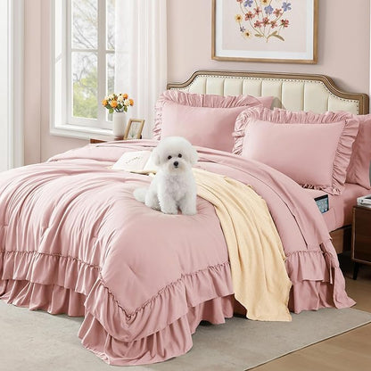 Full Comforter Set Soft Pink, Ruffle Shabby Chic Bedding Set Farmhouse 7 Pieces, All Season Fluffy Bed in a Bag with Sheets, Pillowcases & Shams