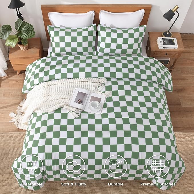 Andency Green Checkered Comforter Full(79x90Inch), Plaid Gingham Buffalo Grid Bedding Comforter Sets for Boys Kids Teens, 3 Pieces Lightweight Polyester Geometric Preppy Bed Set