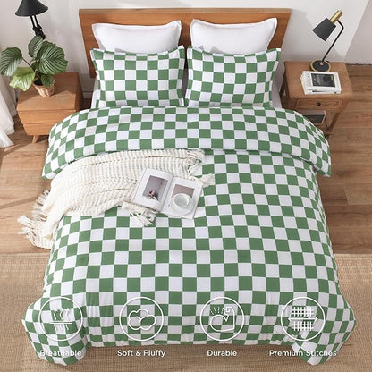Andency Green Checkered Comforter Full(79x90Inch), Plaid Gingham Buffalo Grid Bedding Comforter Sets for Boys Kids Teens, 3 Pieces Lightweight Polyester Geometric Preppy Bed Set