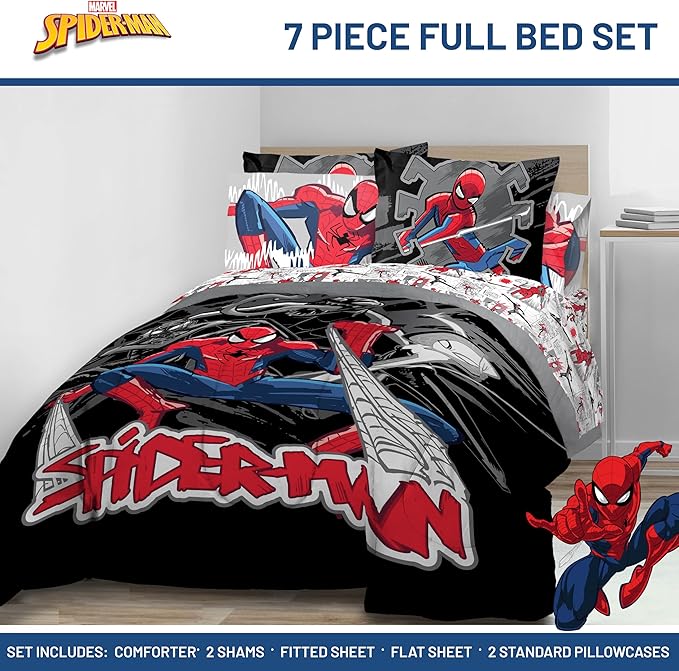 Jay Franco Kids Comforter Set Includes Sheets and Pillow Covers - Soft and Cozy Bed Set for Stylish Room Decor, Black - Spiderman, 7 Piece Full Bedding
