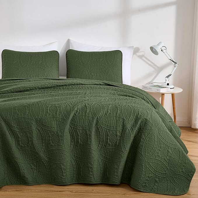 Chezmoi Collection Austin King Oversized Bedspread Set, 3-Piece Pinsonic Quilted Lightweight Microfiber Bedspread Coverlet, Olive Green | Oversized, Lightweight, Fade Resistant