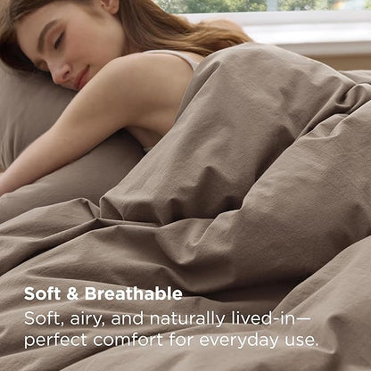 Bedsure 100% Washed Cotton Duvet Cover Cal King - Light Brown Minimalist Bedding Set Linen Like - PureWoven Plain Simple & Soft Comforter Cover for All Seasons (Light Brown, California King, 104"x98")