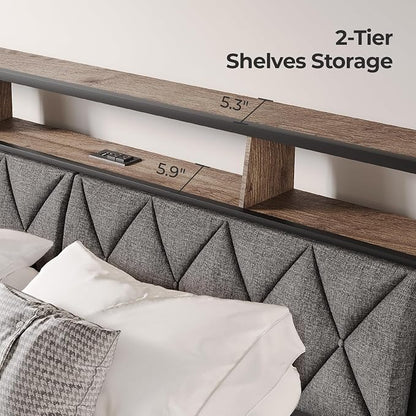 Queen Headboard Only, Headboard for Queen Size Bed with Storage, Upholstered Headboards with LED Lights & Charging Station, Attach Frame, Ideal for Bedroom/Dorm/Guest Room, Dark Grey & Brown