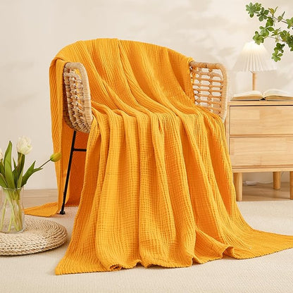EMME Cotton Muslin King Blanket Bed Layering Breathable Gauze Blanket Soft Lightweight Blankets Adults (Mustard Yellow, 108"x90")