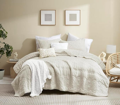 B2EVER Boho Light Beige Quilt Twin Size Bedding Sets with Pillow Sham, Bohemian Lightweight Bedspread Coverlet, Farmhouse Floral Vintage Thin Comforter Bed Cover All Season, 2 Pieces, 68x90 inches